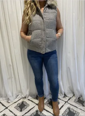 Size MED VICTORIA SECRET Grey Sparkle and Faux Fur Hood Vest