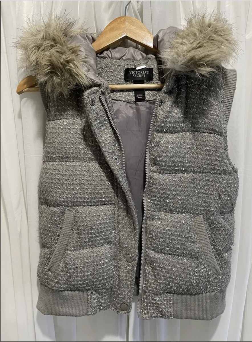 Size MED VICTORIA SECRET Grey Sparkle and Faux Fur Hood Vest