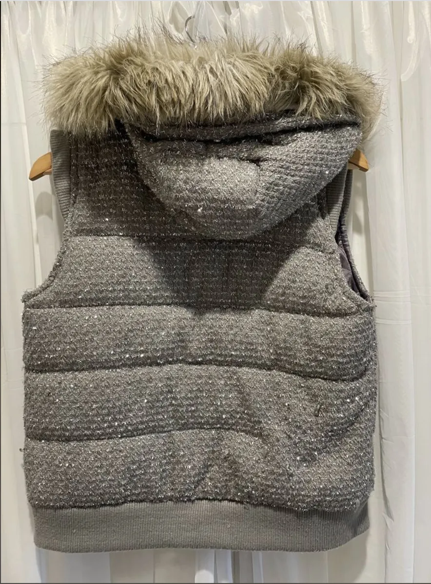 Size MED VICTORIA SECRET Grey Sparkle and Faux Fur Hood Vest