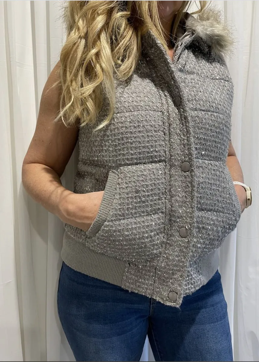 Size MED VICTORIA SECRET Grey Sparkle and Faux Fur Hood Vest