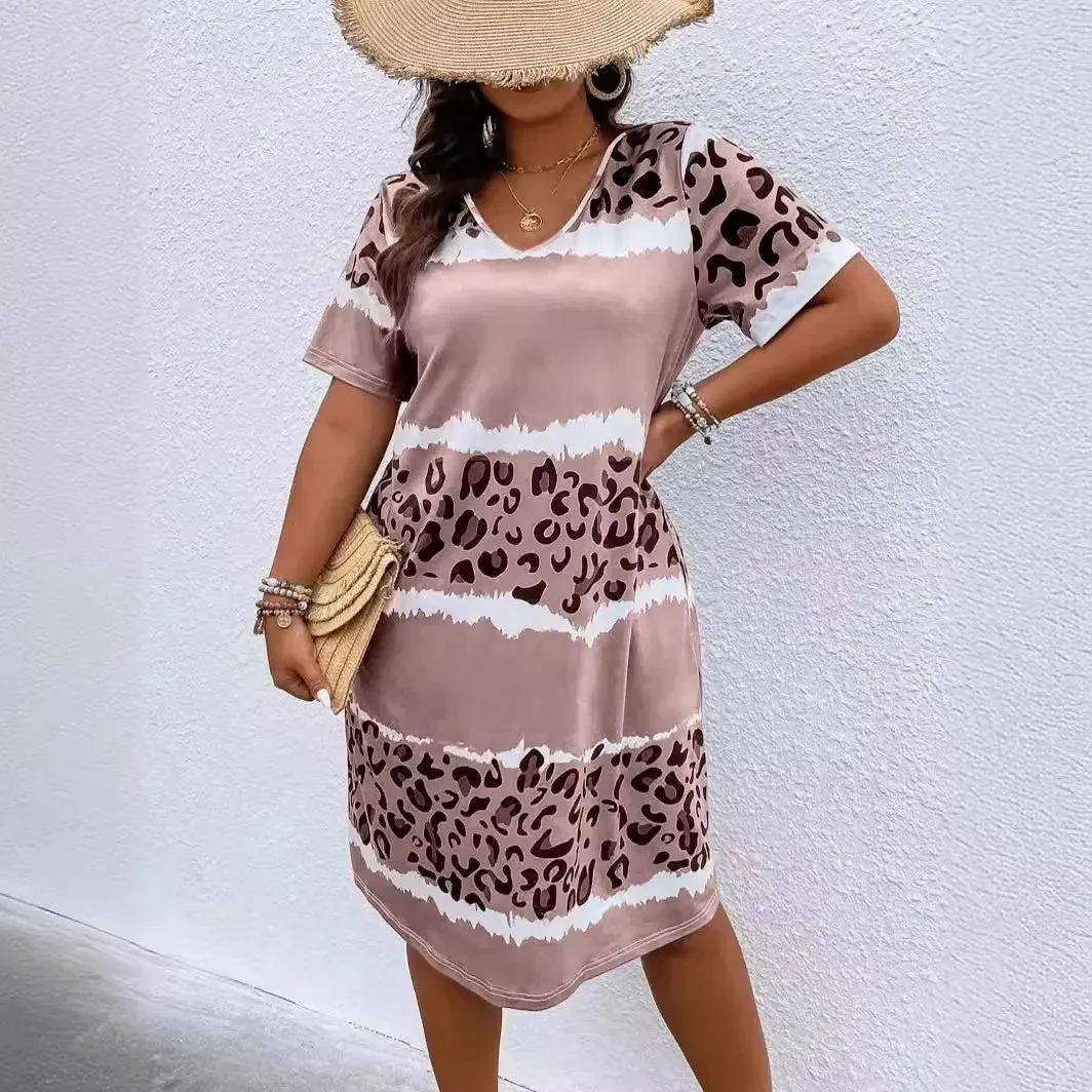 Spring Summer Plus Size  Women's   Dresses  Fashion  Leopard V-Neck  Casual Loose Comfortable Dress