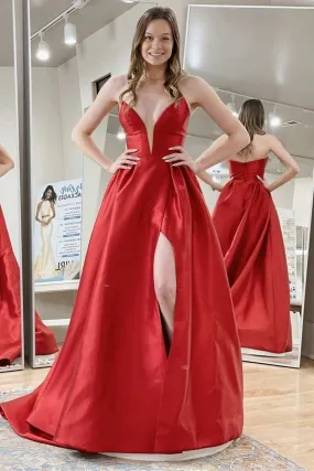 Strapless V Neck Open Back Red/Black Satin Long Prom Dress with High Slit, Red/Black Formal Graduation Evening Dress A1524