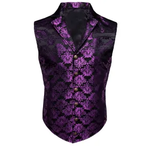 Ties2you Men's Vest Dark Purple Jacquard Black Floral Silk Waistcoat Suit Vest