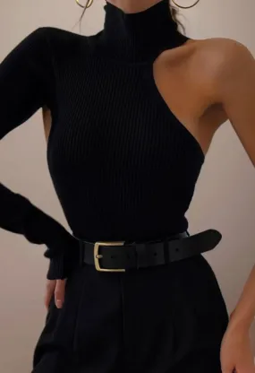 Trendy Black One Sleeve Turtleneck Blouse