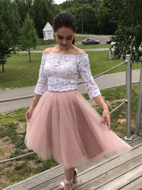 Two Pieces Long Sleeves White Lace Top Pink Short Prom Homecoming, Long Sleeves Lace Formal, Evening