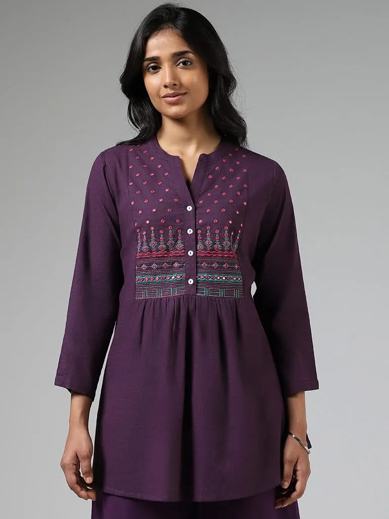 Utsa Dark Purple Mirror Embroidered Pleated Kurti