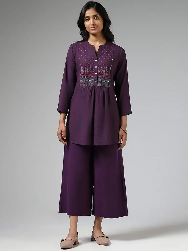 Utsa Dark Purple Mirror Embroidered Pleated Kurti