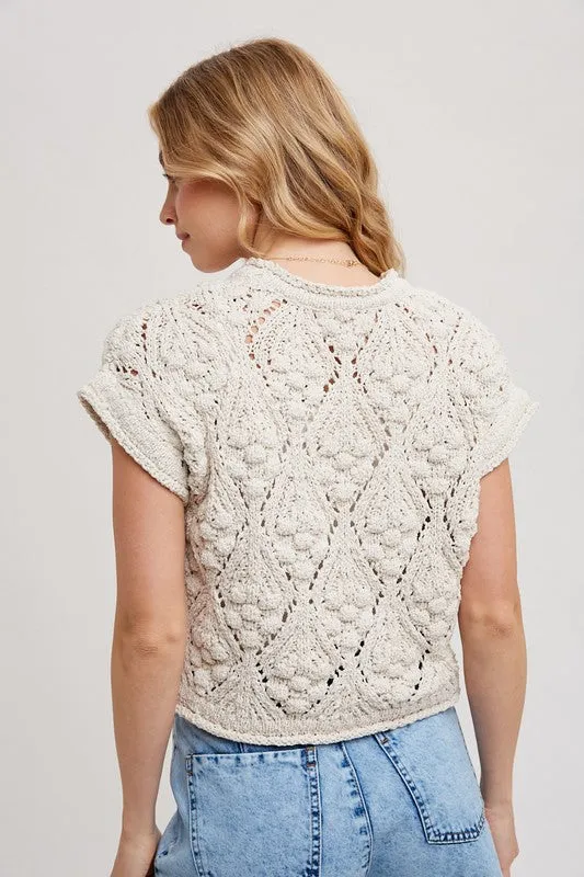 Waitlist 1/10 ♥ Annalise Short Sleeve Crochet Cropped Sweater Top Natural