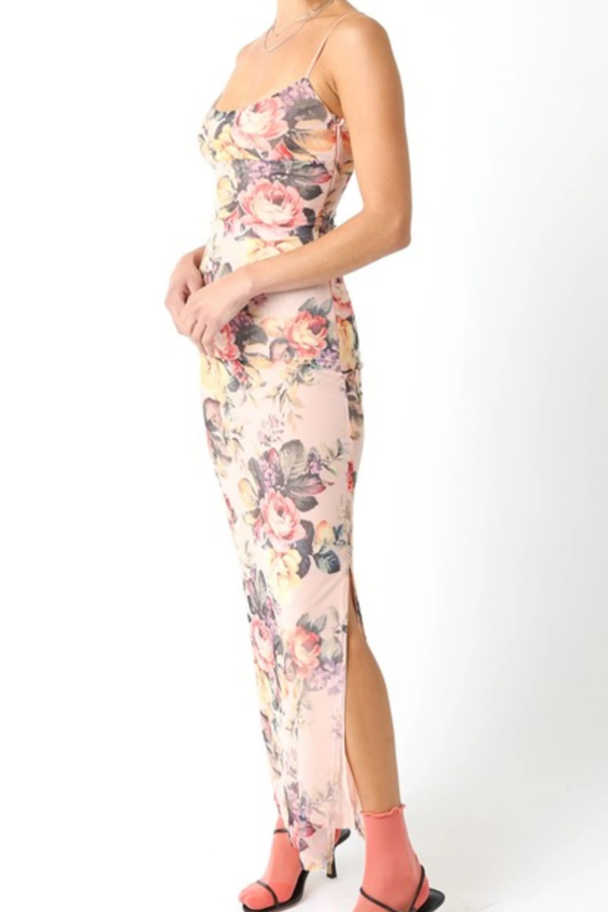 Waitlist 2/5 ♥ Dionne Sleeveless Mesh Floral Print Maxi Dress Blush