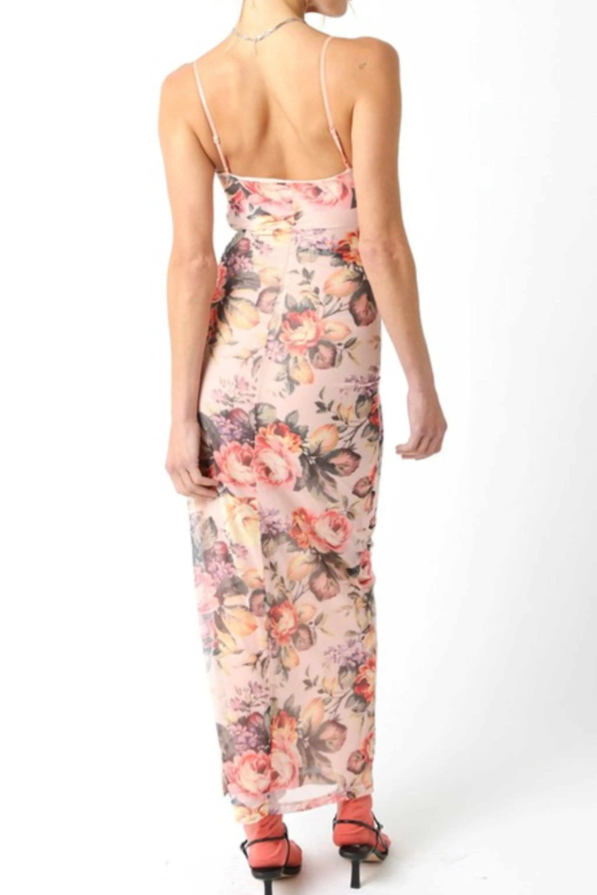 Waitlist 2/5 ♥ Dionne Sleeveless Mesh Floral Print Maxi Dress Blush