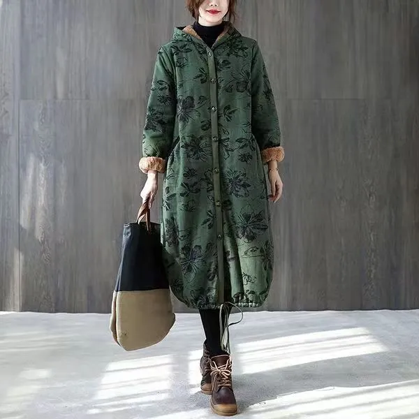 Warm Green Print Parkas For Women Loose Fitting Down Jacket Hooded Pockets Winter Coats