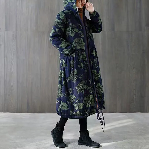 Warm Green Print Parkas For Women Loose Fitting Down Jacket Hooded Pockets Winter Coats