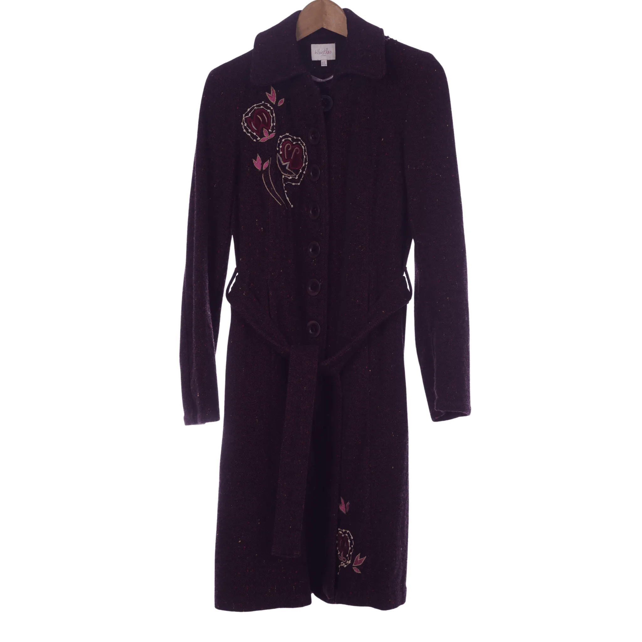 Whistles Burgundy Wool/Cotton Mix Coat with Floral Embellishment UK Size 8