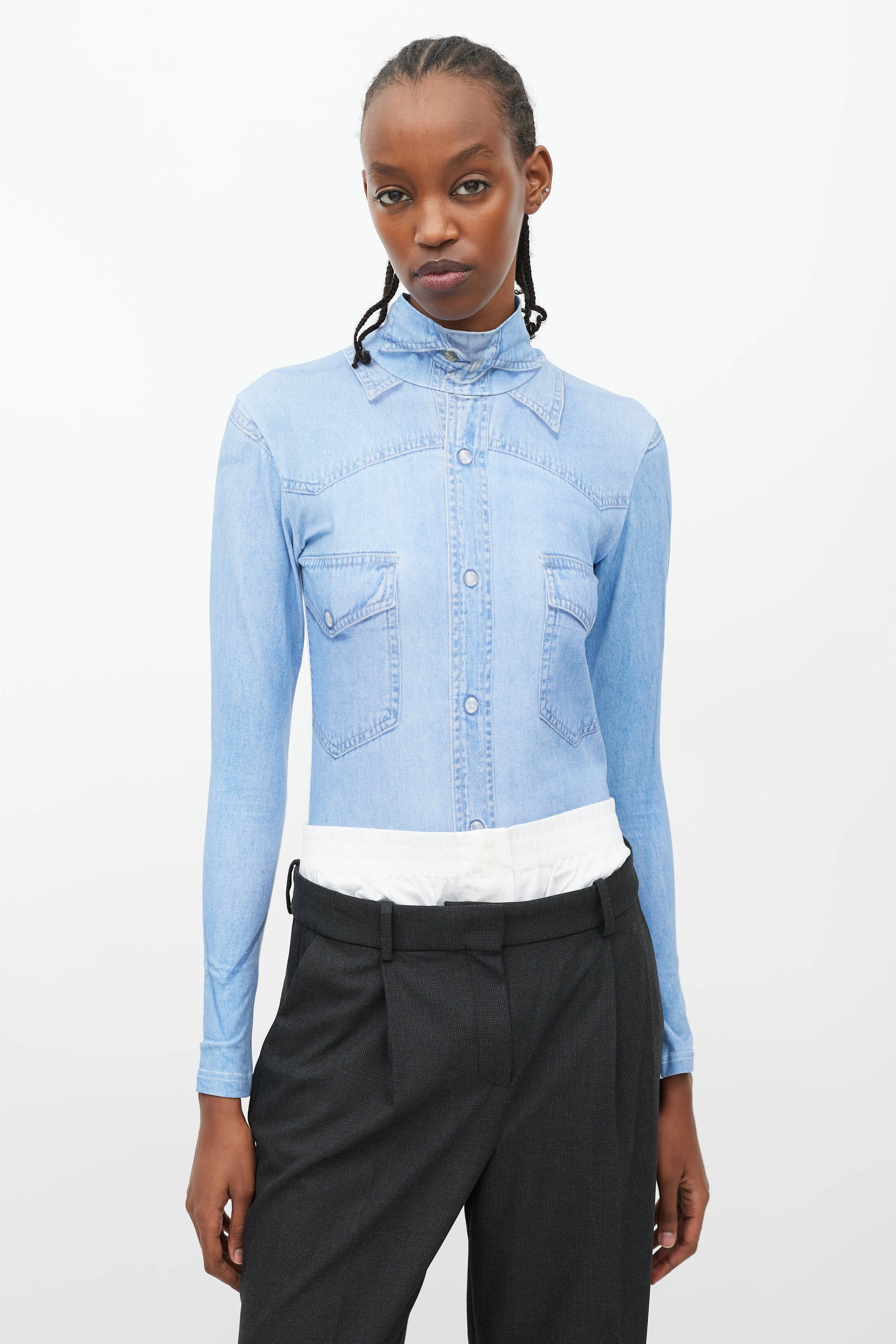 Winter 2019 Blue & White Trompe L'oeil Turtleneck Bodysuit