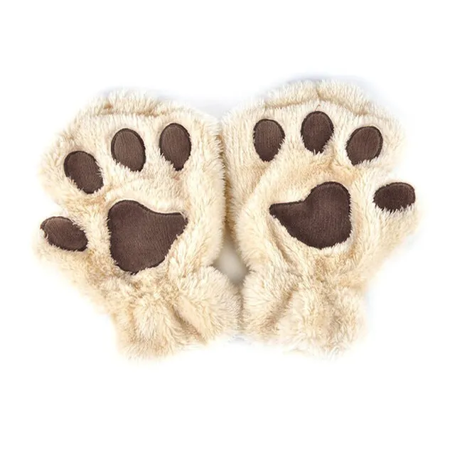 Winter Women Cute Cat Paw Claw Plush Mittens Short Fingerless Finger Half Gloves