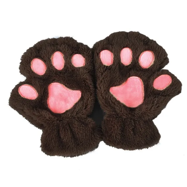 Winter Women Cute Cat Paw Claw Plush Mittens Short Fingerless Finger Half Gloves