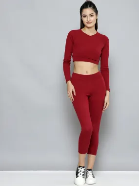 Women Maroon Rib Active Crop Top With Tights