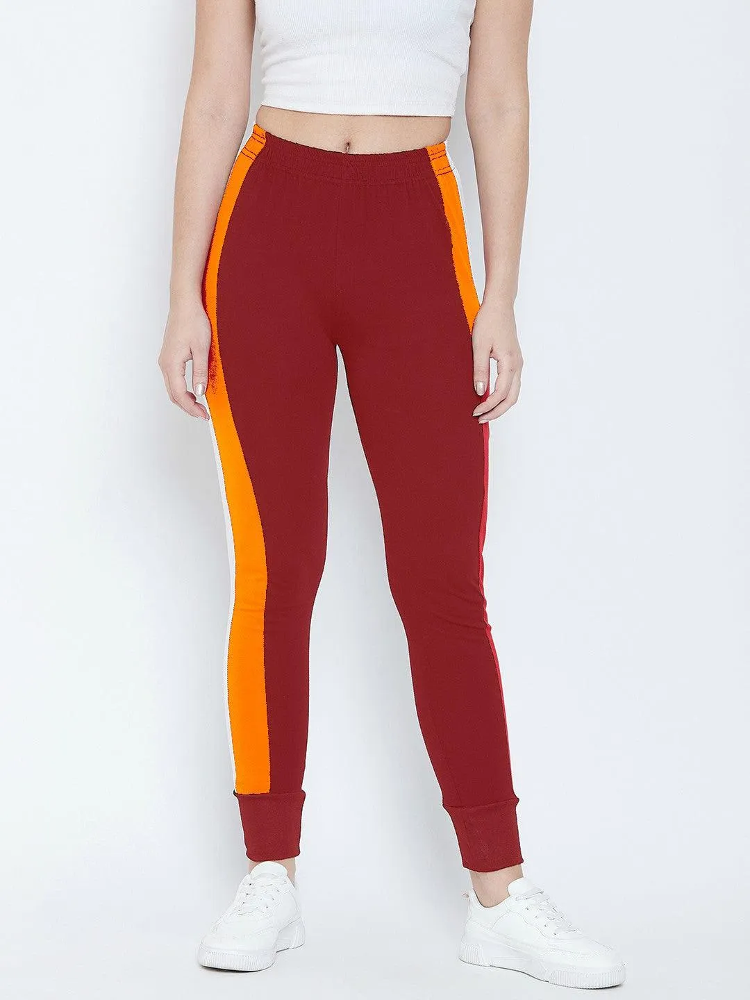 Women Maroon/Yellow Color Block Joggers