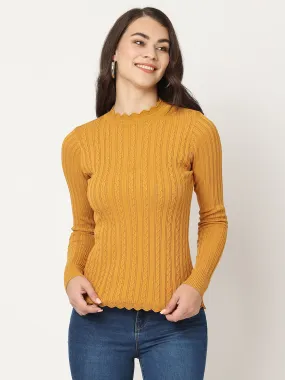 Women Slim Fit Honey Mustard Ribbed Sweater