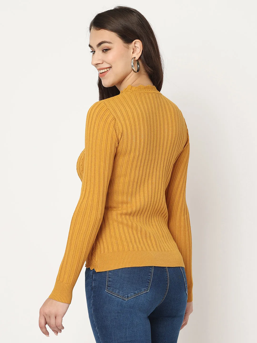 Women Slim Fit Honey Mustard Ribbed Sweater