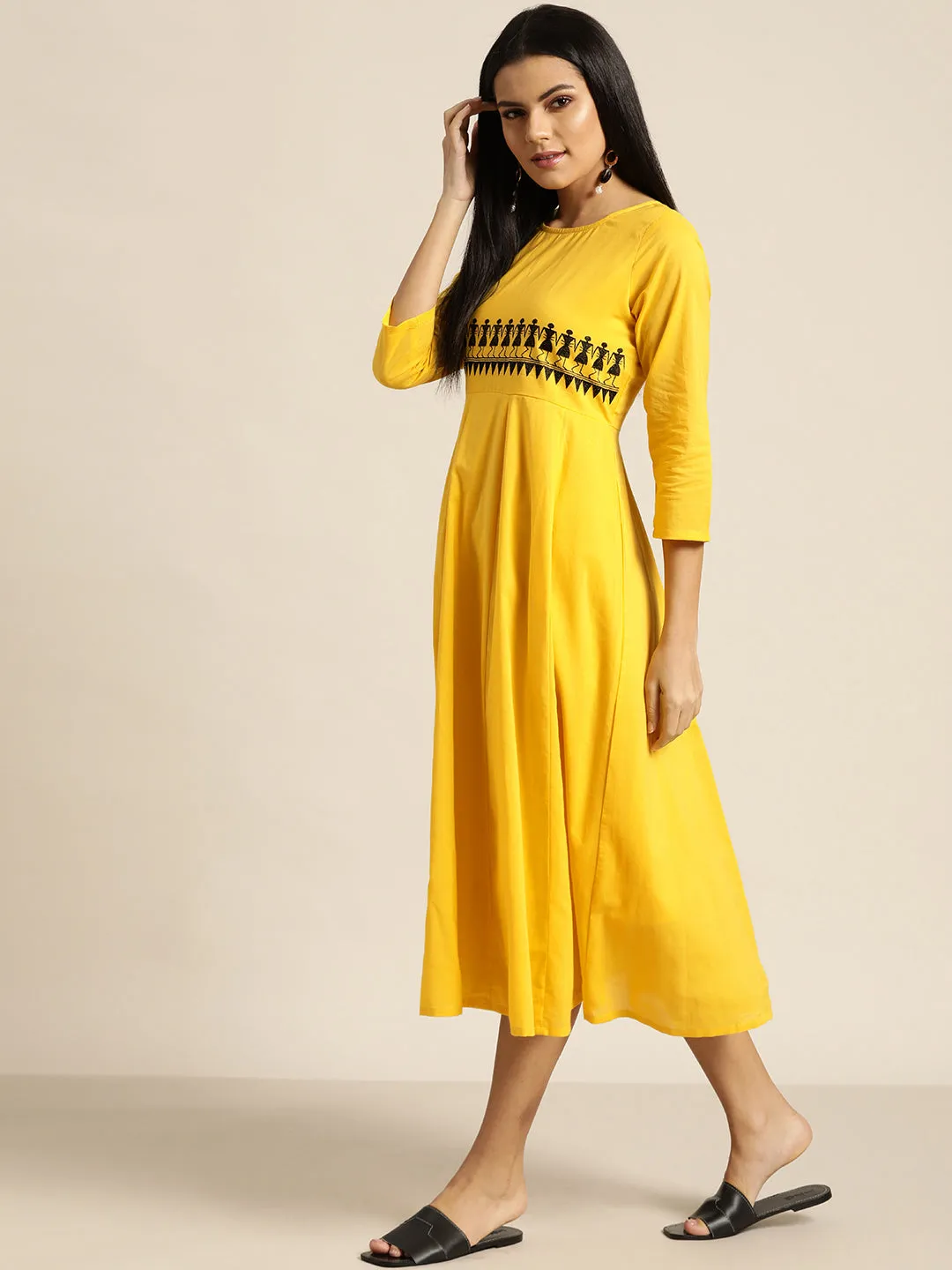 Women Yellow Waist Embroidered Anarkali Dress