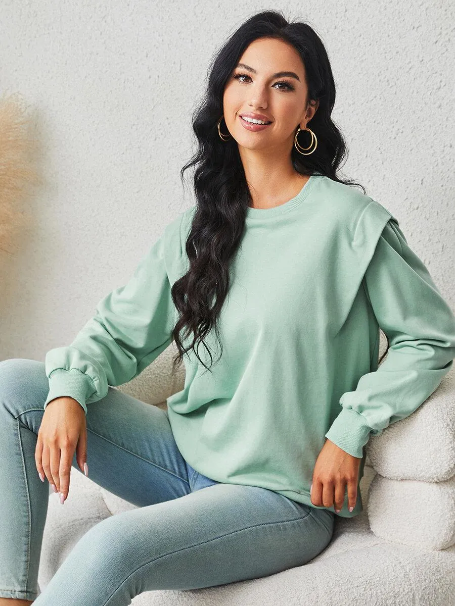 Women's Drop Shoulder Plicated Plain Pullover