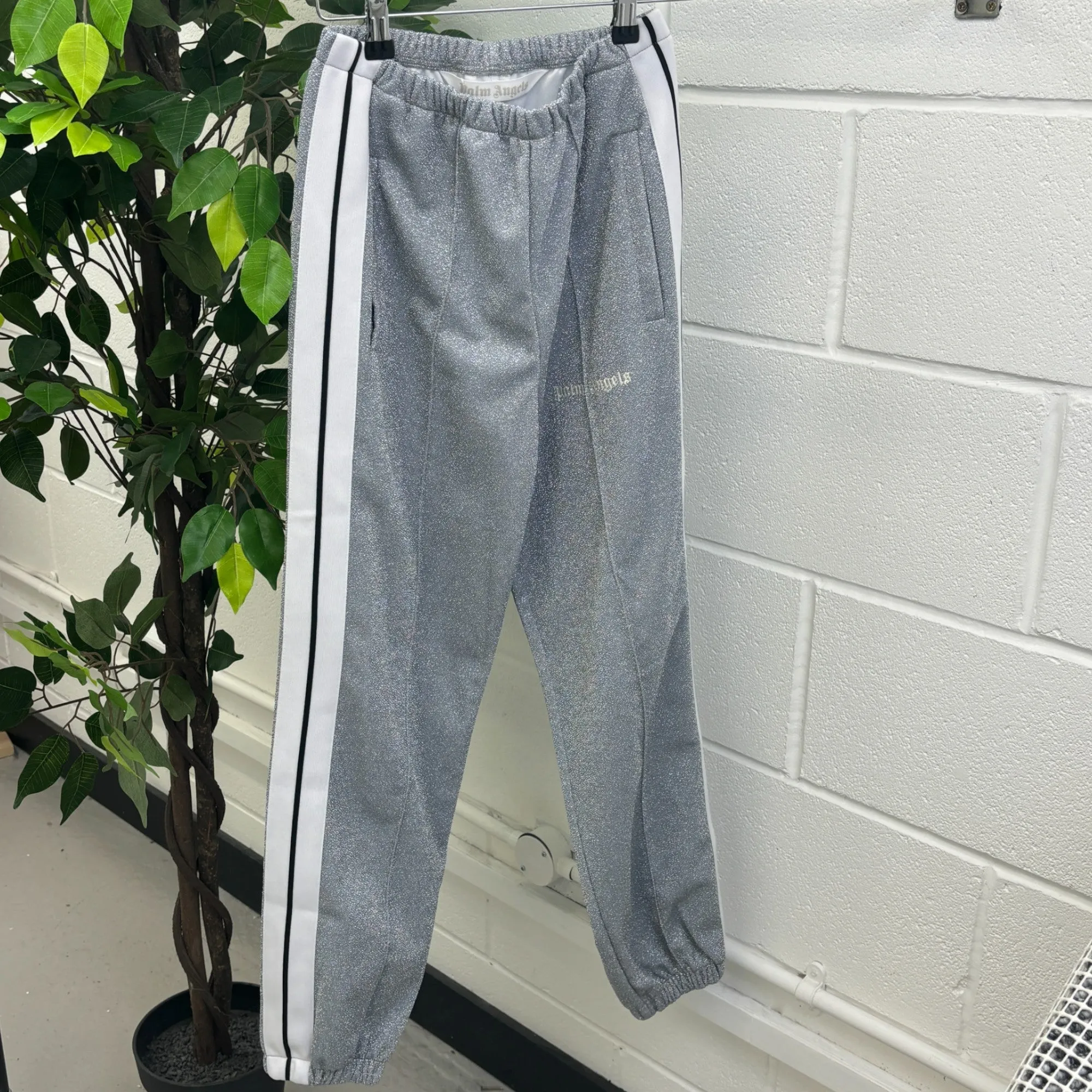 Women's Glitter Track Logo Joggers Silver Size XS