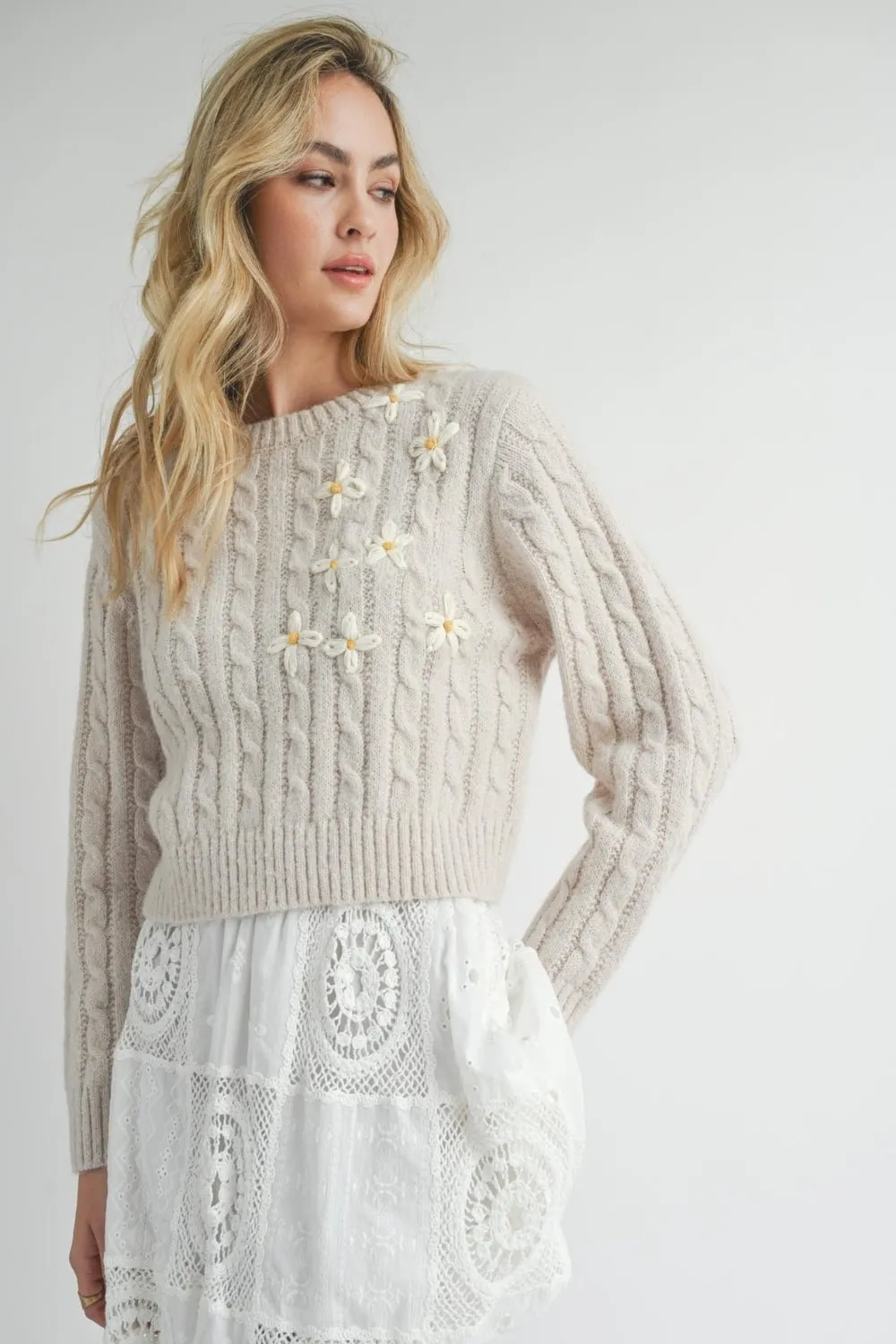 Women's Hand Embroidered Daisy Cable Knit Sweater Top | Natural Ivory