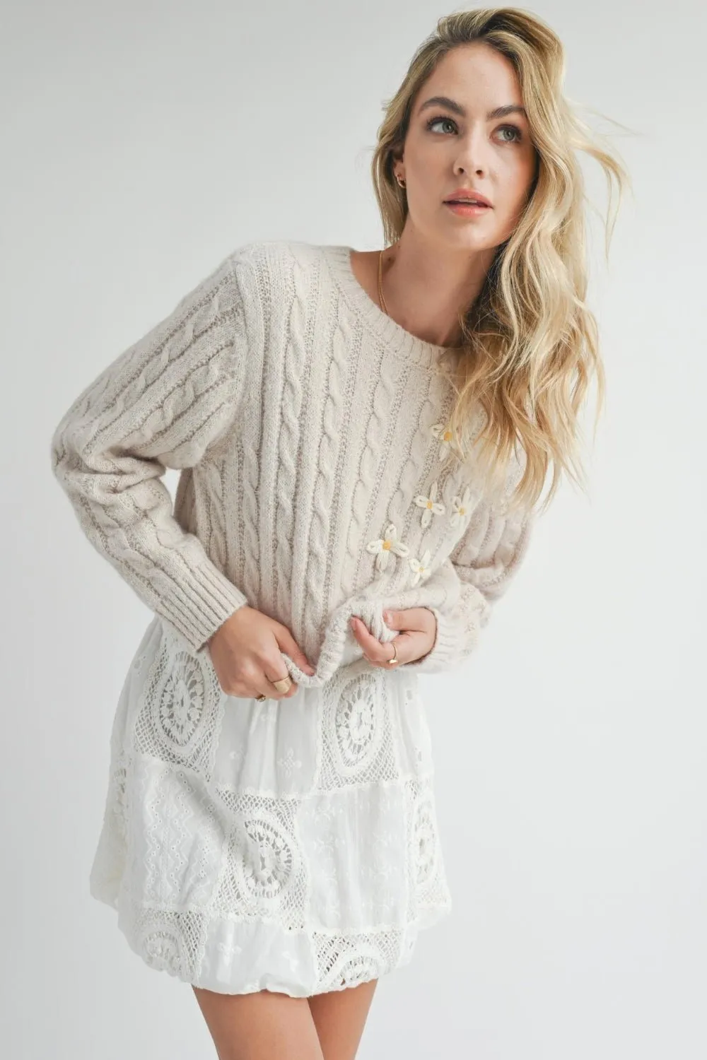 Women's Hand Embroidered Daisy Cable Knit Sweater Top | Natural Ivory