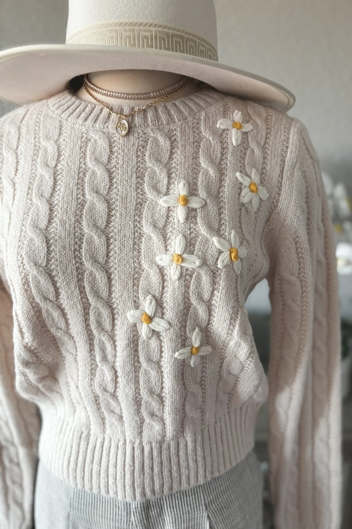 Women's Hand Embroidered Daisy Cable Knit Sweater Top | Natural Ivory