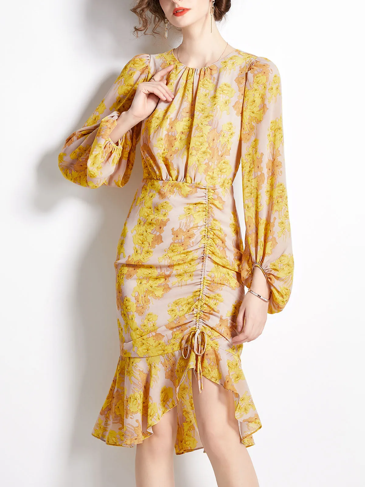 Yellow Flared Sleeves Pleated Floral Prited High Low Vintage Boho Beach Dress