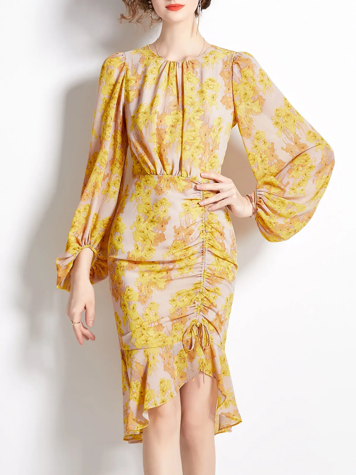 Yellow Flared Sleeves Pleated Floral Prited High Low Vintage Boho Beach Dress