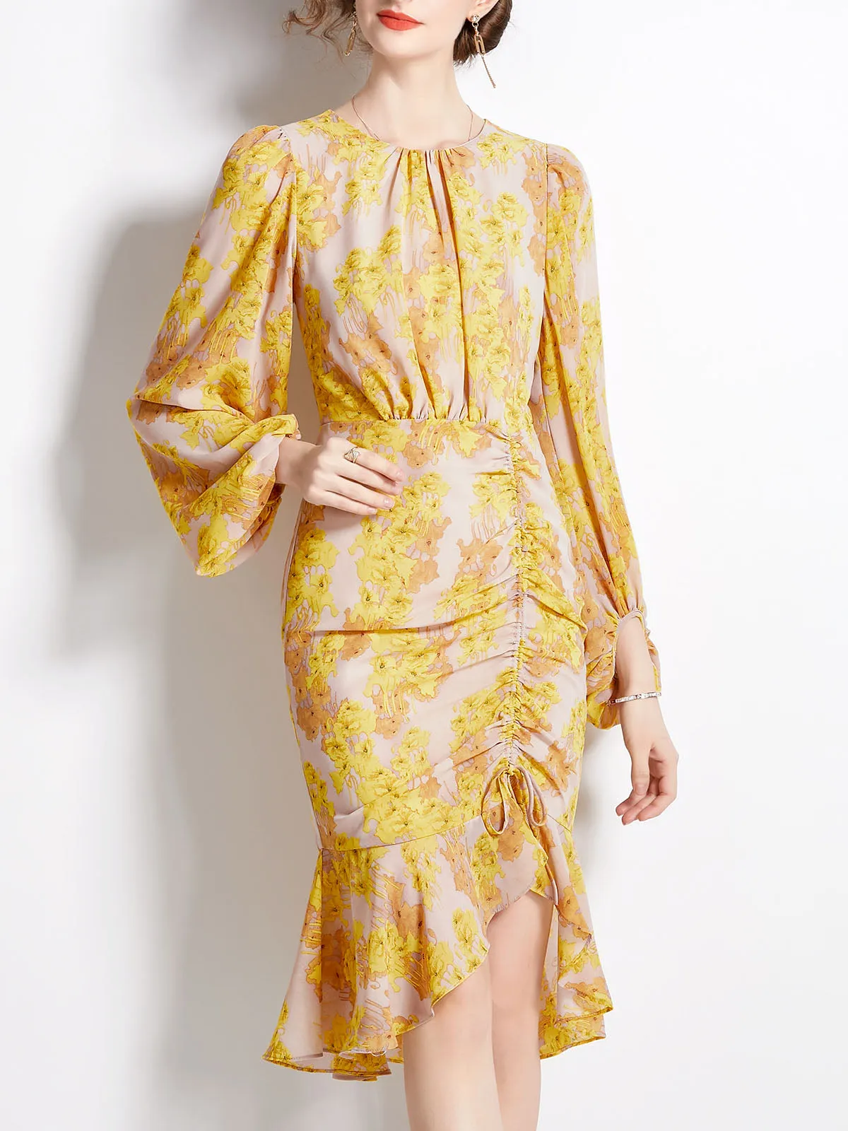 Yellow Flared Sleeves Pleated Floral Prited High Low Vintage Boho Beach Dress